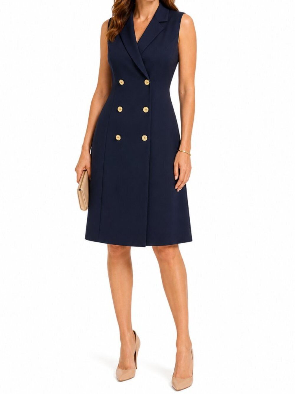 Tahari by Arthur Levine Blazer Dress Women’s Size 12 Navy Gold Buttons 40”
